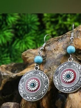 Bohemian Silver-Tone Turquoise & Coral Drop Earrings